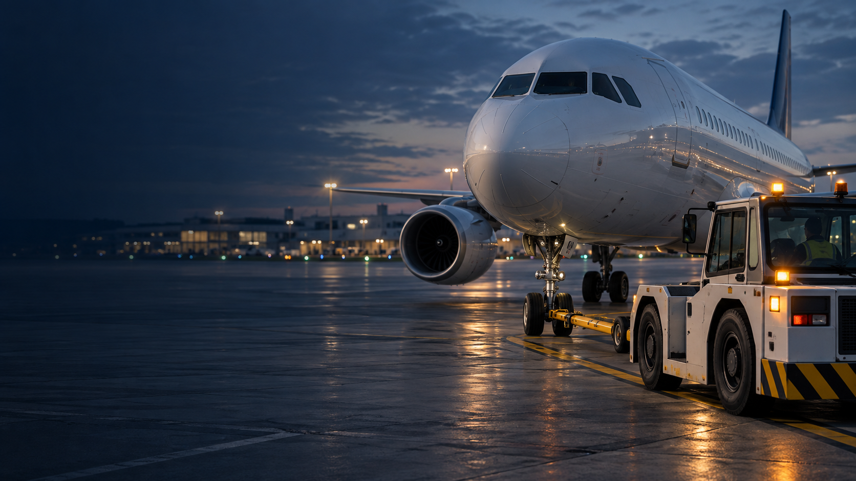 Concept visualization of an unbranded pushback tractor and passenger aircraft on an airport apron