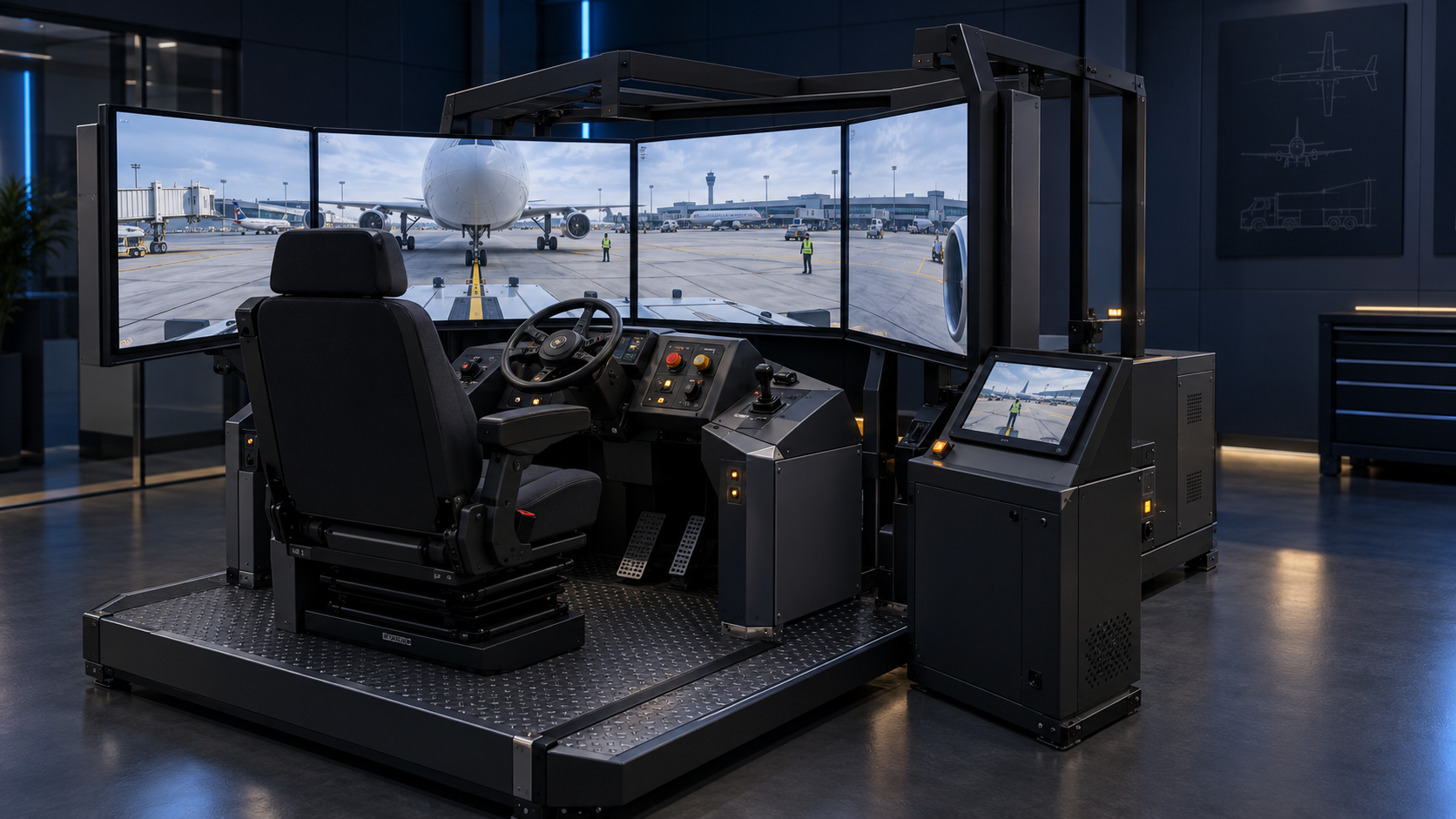Concept rendering of a proposed multi-screen pushback training station with a separate instructor display